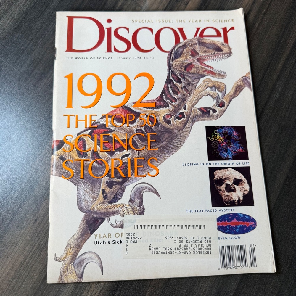 Discover Magazine January 1993 1992 Top 50 Science Stories Dinosaur Cover‎
